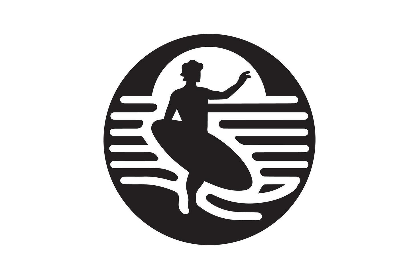A black and white logo of a surfer vector