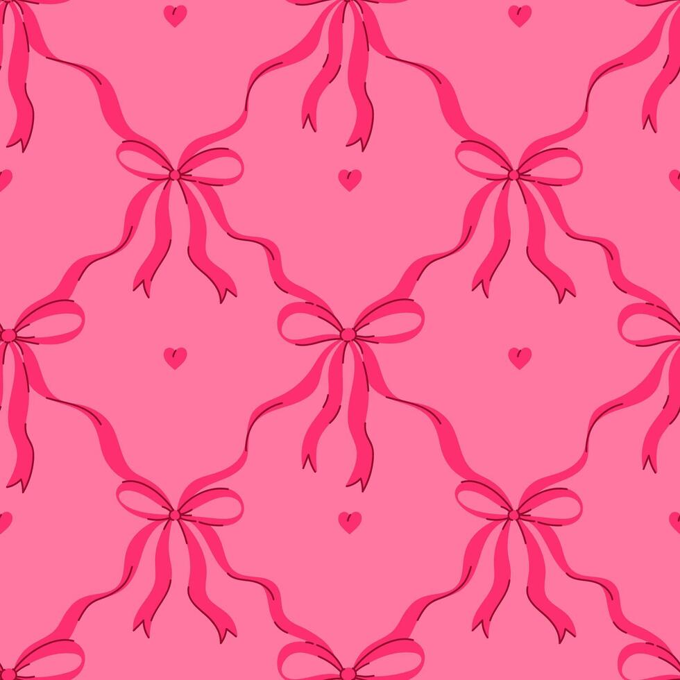 Seamless pattern with pink bows and hearts on a pink background. graphics. vector