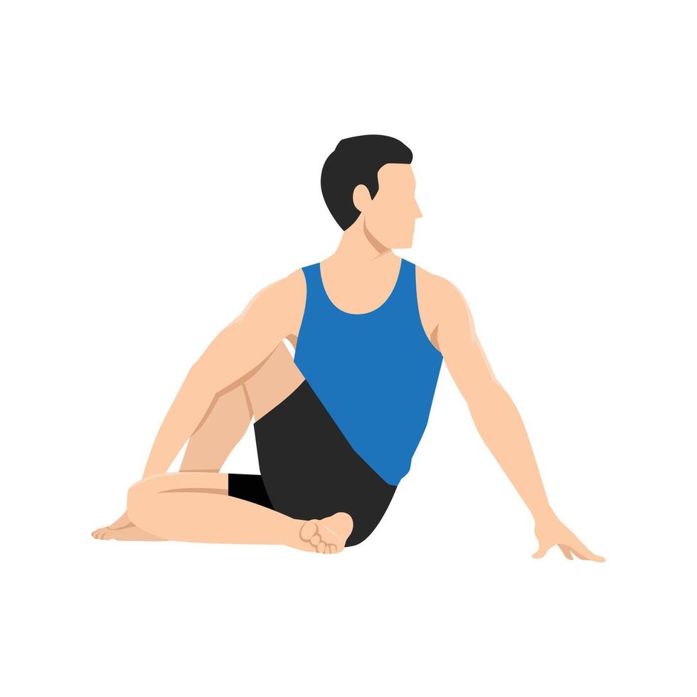 Man doing half lord of the fishes ardha matsyendrasana exercise. vector