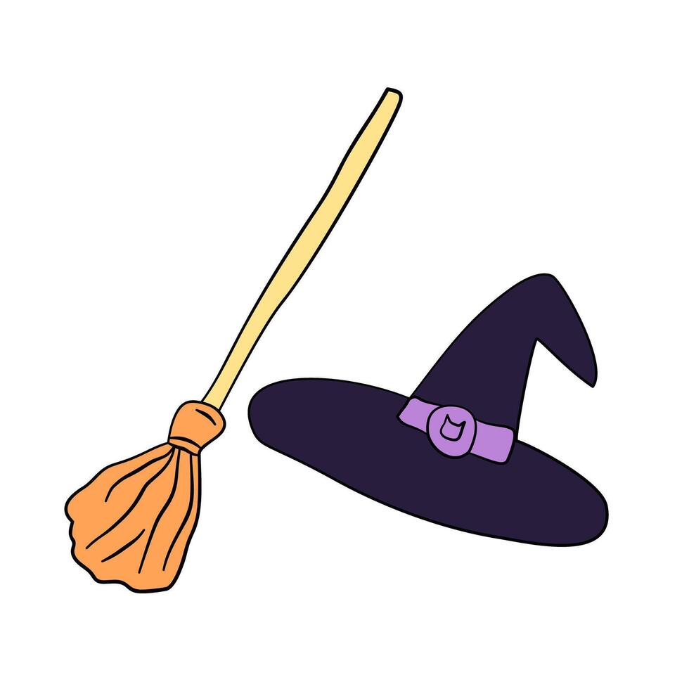 Witch Hat and Broom Halloween Set Hand drawn style vector
