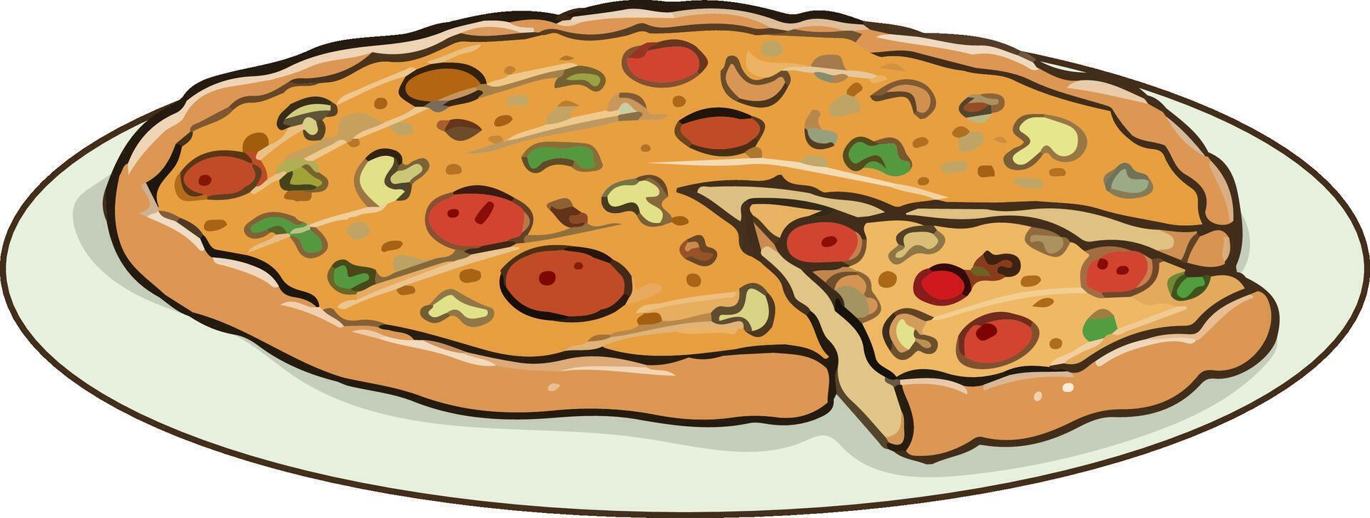 pizza with tomatoes sausage pepperoni and mushrooms. illustration in flat style vector