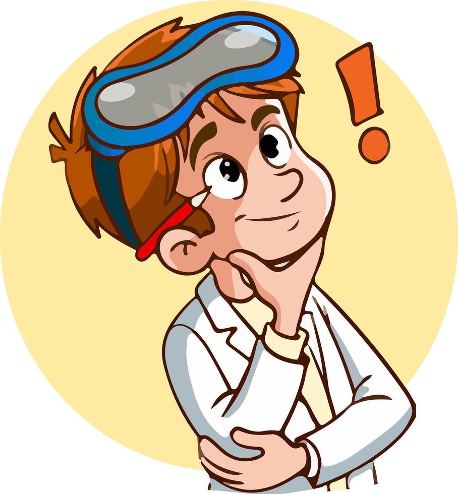 Child inventor thinks.Fun scientific education. Flat illustration vector