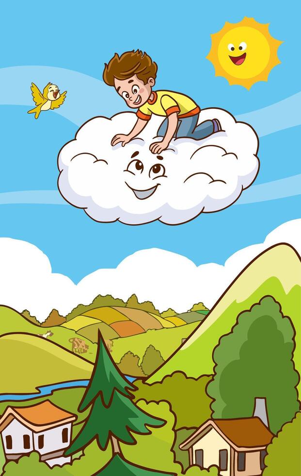 cute boy flying on cloud watching the earth vector