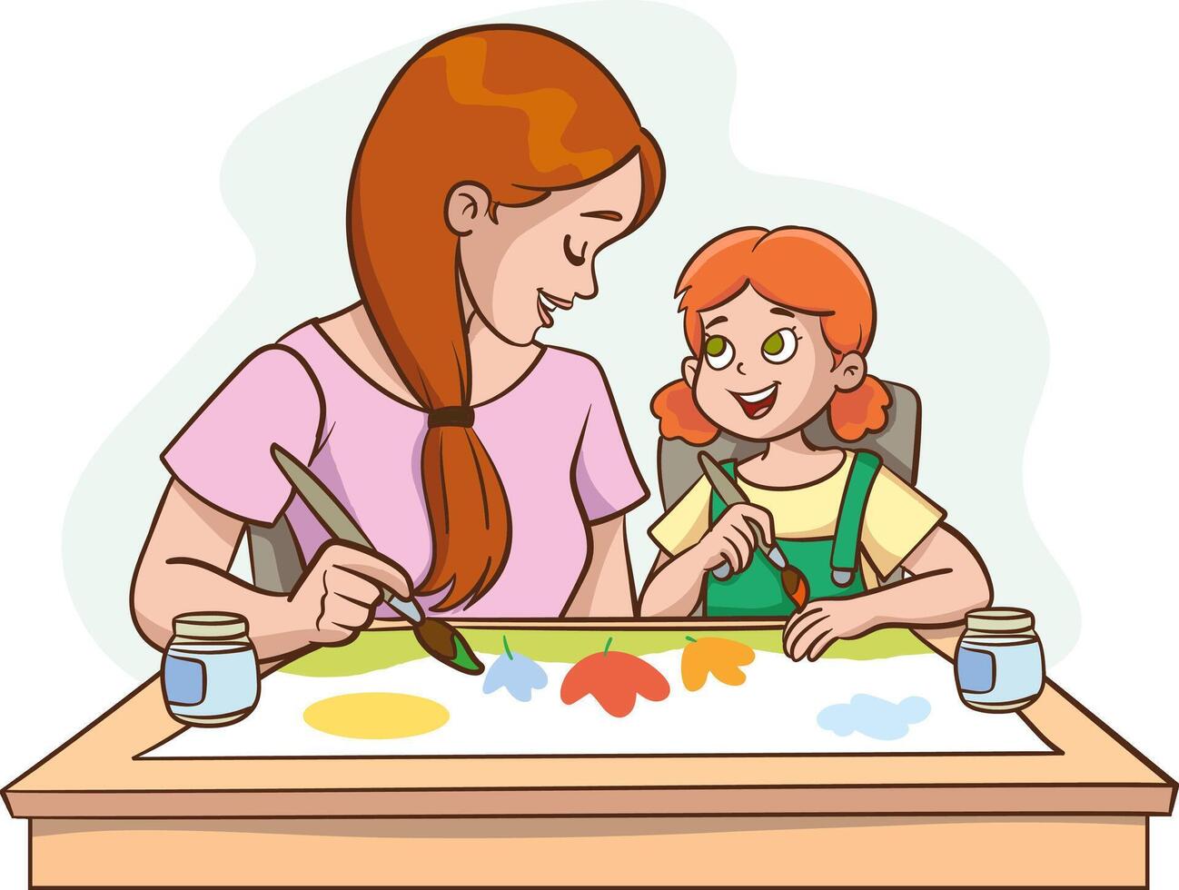 Little girl draws with her mother. Mother teaches her daughter to draw. Mother draws with her child and has fun time. vector
