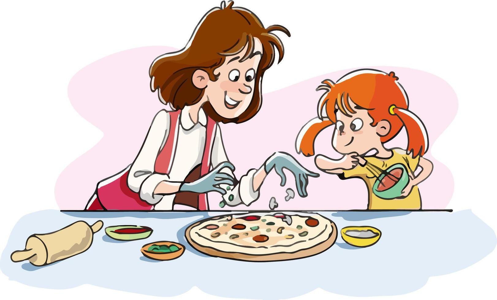 Mother and daughter are making pizza in the kitchen. Little girl is making pizza. Mother and daughter are cooking. vector