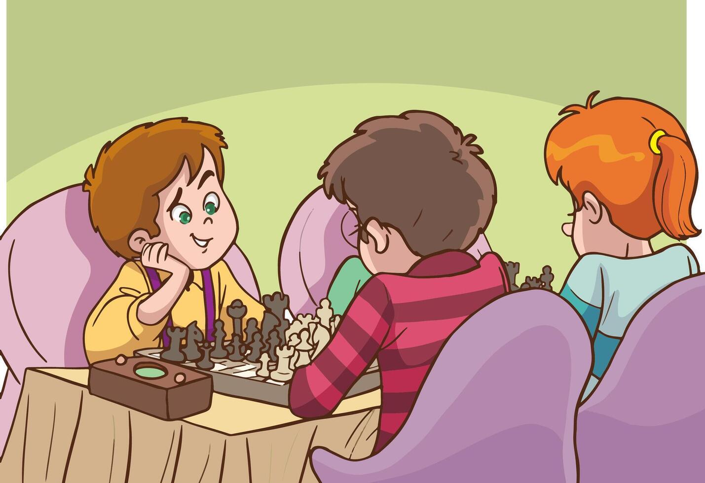 Children play chess. Boy sitting at the table with chessboard. Chess tournament. Isolated illustration in cartoon style vector