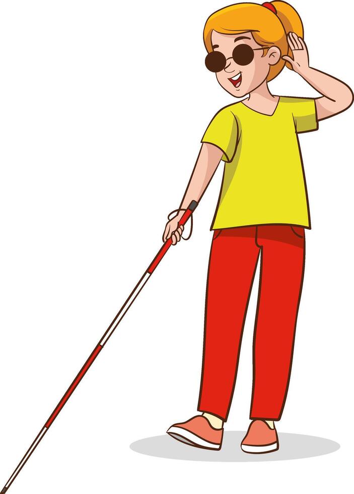 Young blind girl walking with a cane isolated. Female character in sunglasses with stick. Concept of people with disabilities. Impaired child vector