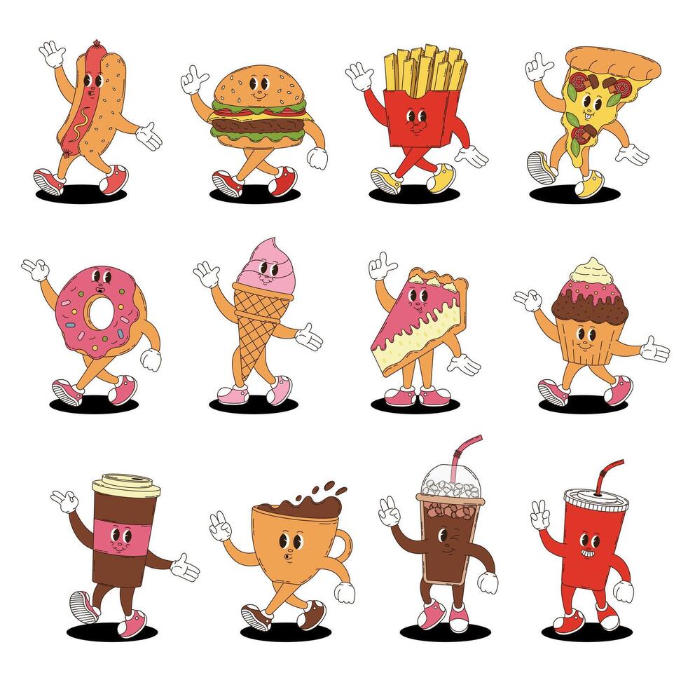 Retro groovy fast food, desserts and coffee characters set. Hamburger, hotdog, pizza, fries, soda, coffee, donut, cupcake, cheesecake, and ice cream. vector