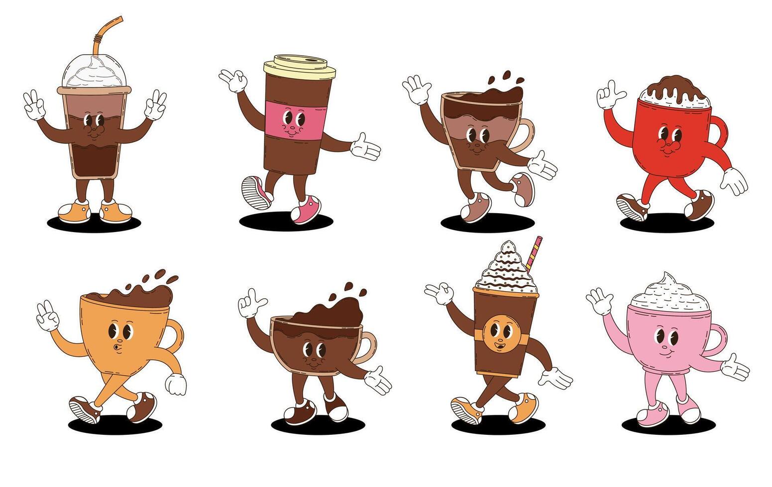 Coffee set in retro groovy style. Coffee collection, different coffee. vector