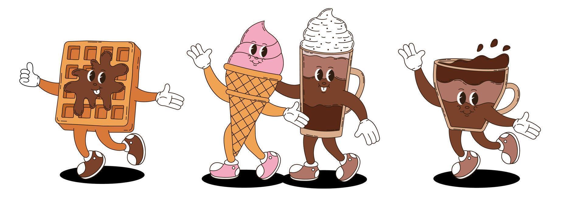 Retro groovy desserts and coffee characters set. Coffee, ice cream, waffle. vector
