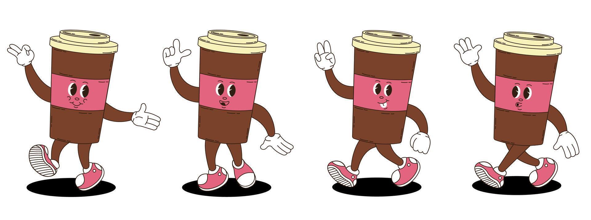 Coffee in a paper cup. Coffee characters in retro groovy style. vector