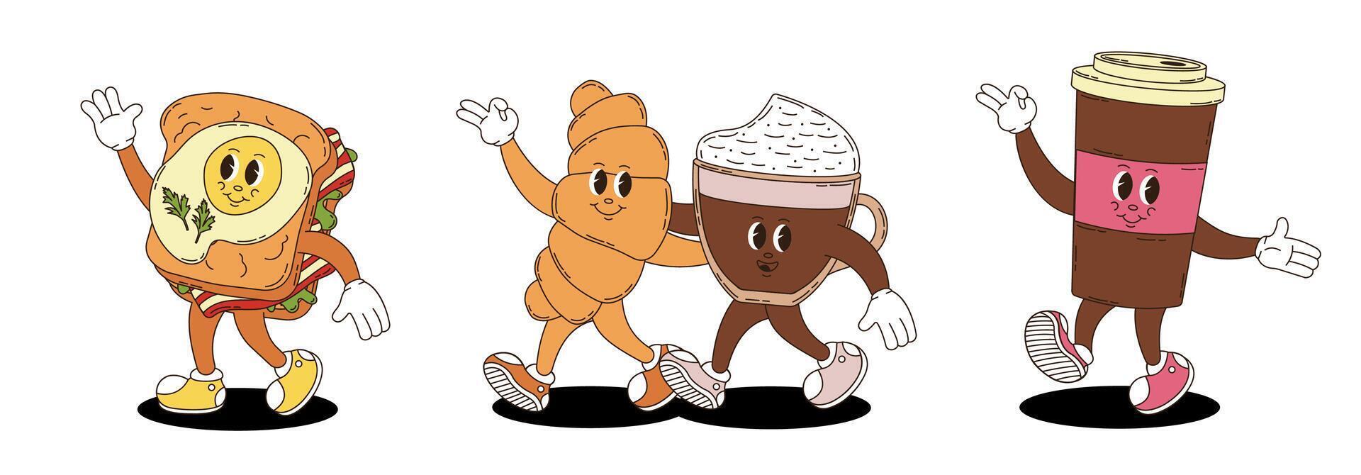 Retro groovy fast food, desserts and coffee characters set. Coffee, croissant, sandwich. vector