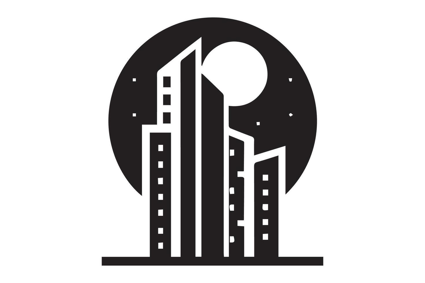 A black and white logo of a skyscraper with a moon in the sky vector