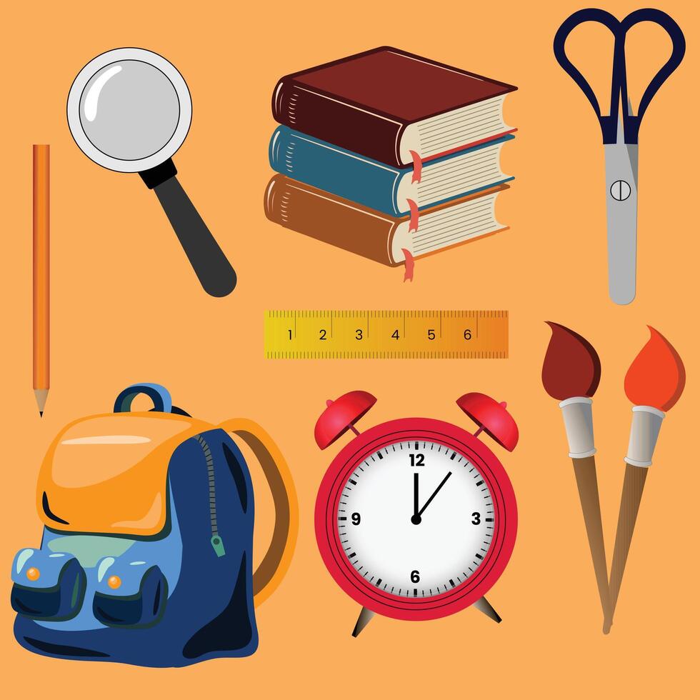 school supplies and tools on an orange background Back to School Items vector