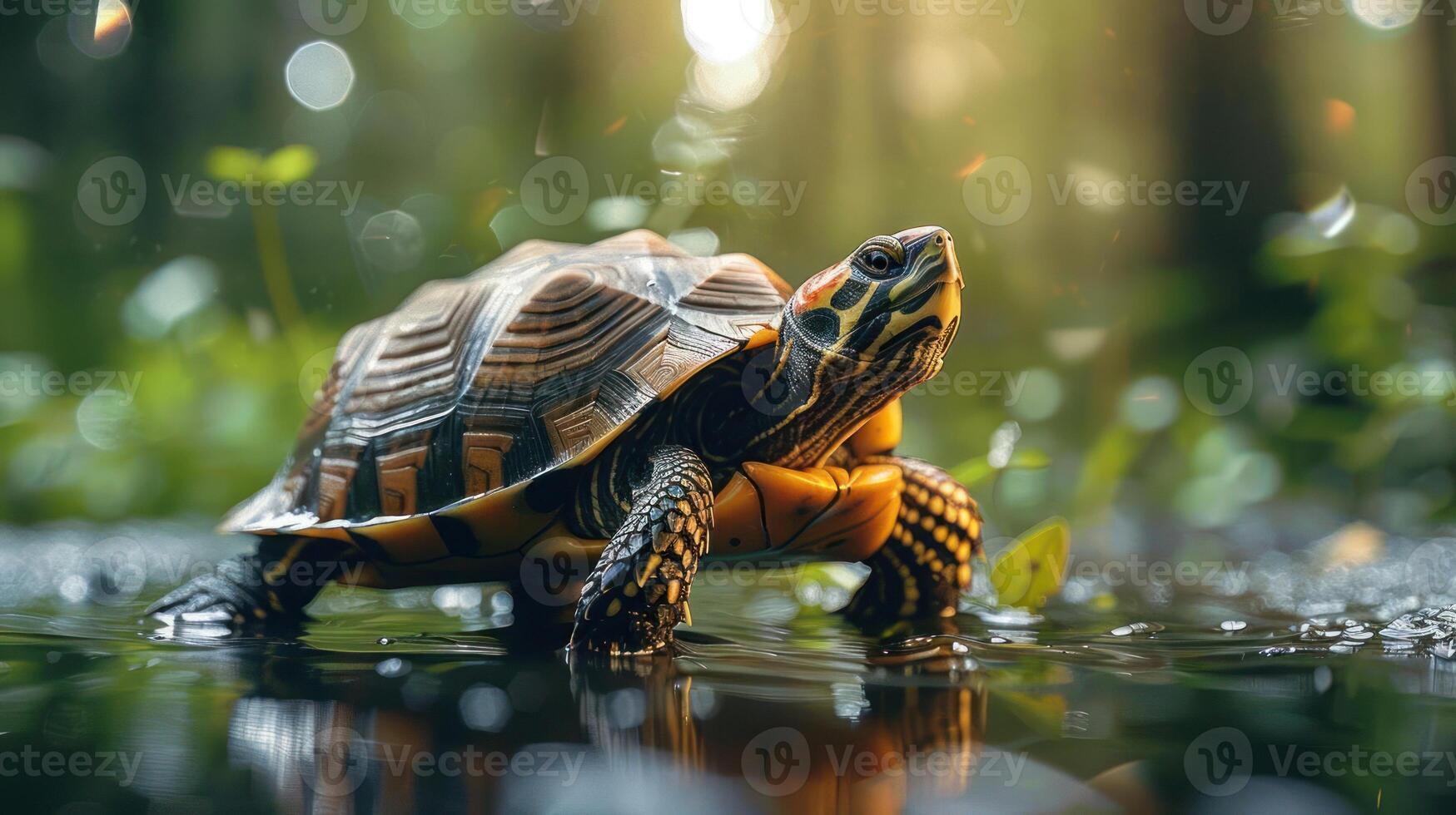 A turtle is captured mid-migration through the rainforest, photo