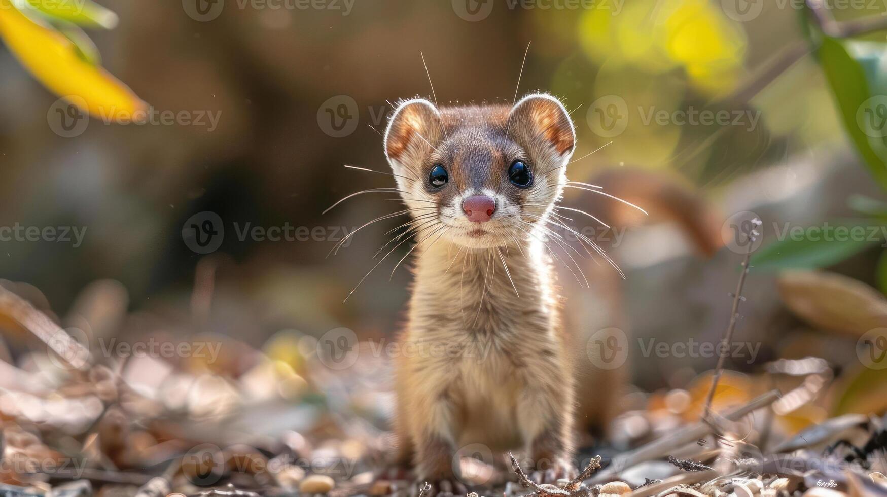 A young fox cub is standing on a forest floor, surrounded by leaves and rocks, photo