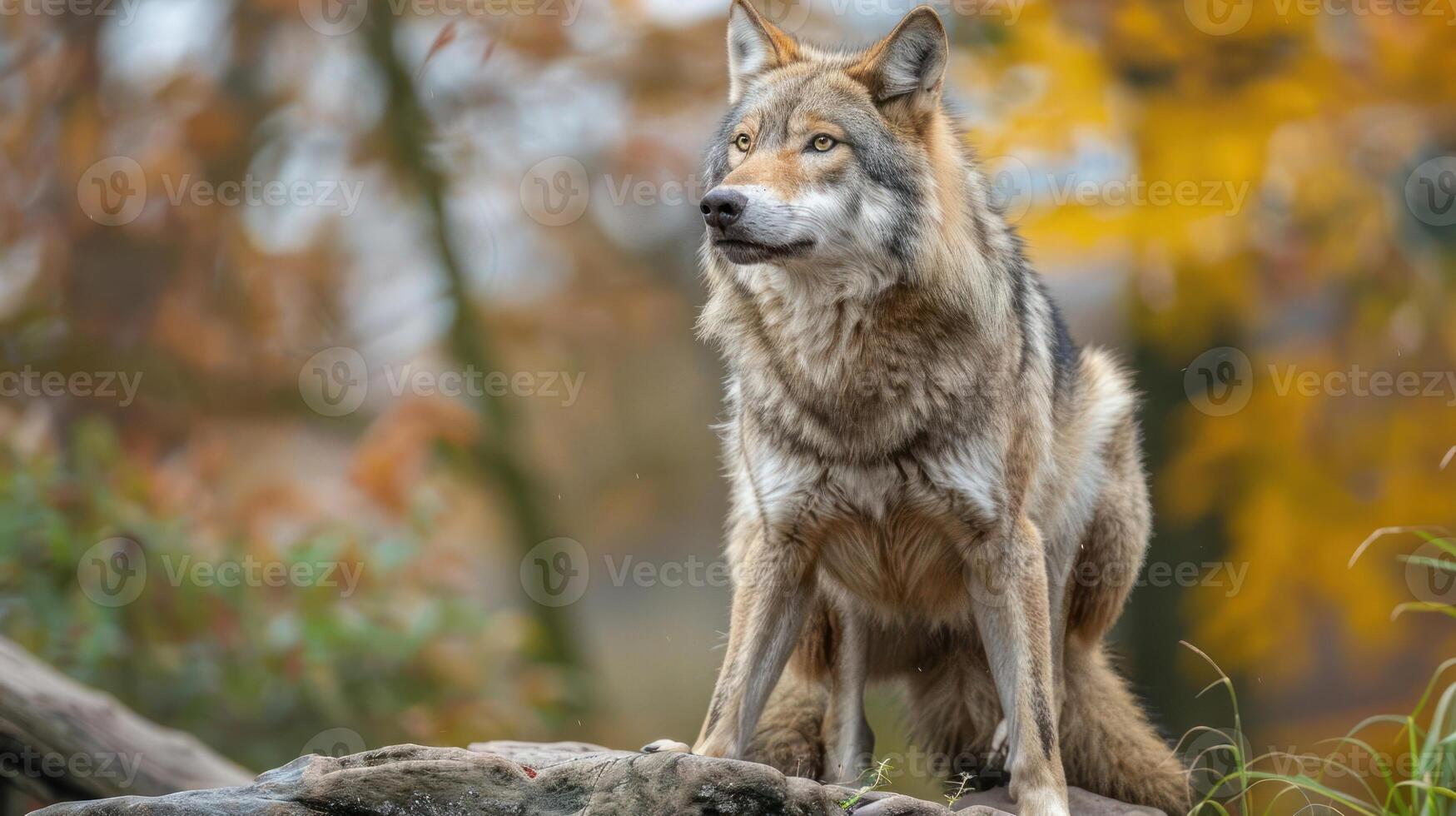 A wolf standing on rocks with autumn trees and foliage in the background. photo