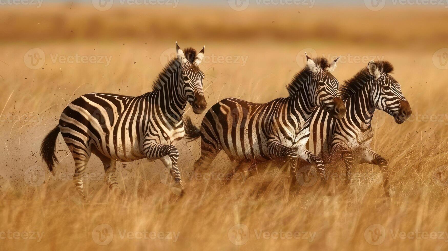 A group of zebras are seen galloping across an open plain. photo