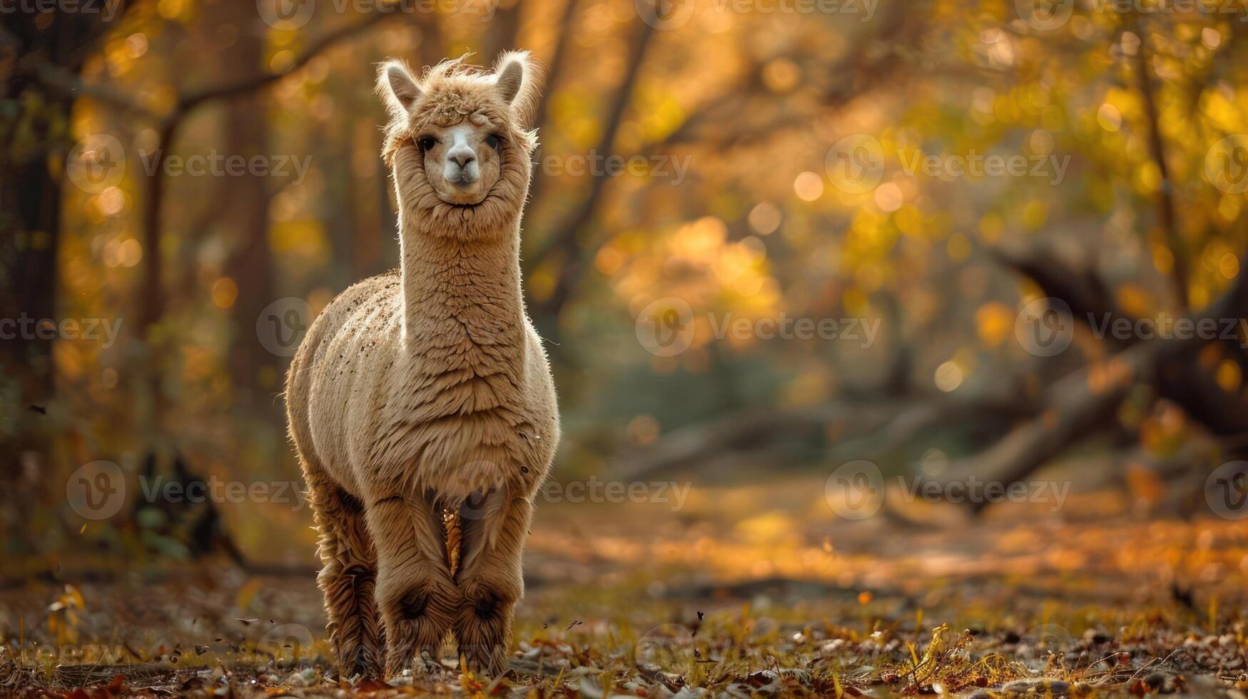 A fluffy white alpaca with distinct black spots is seen walking down a path, photo