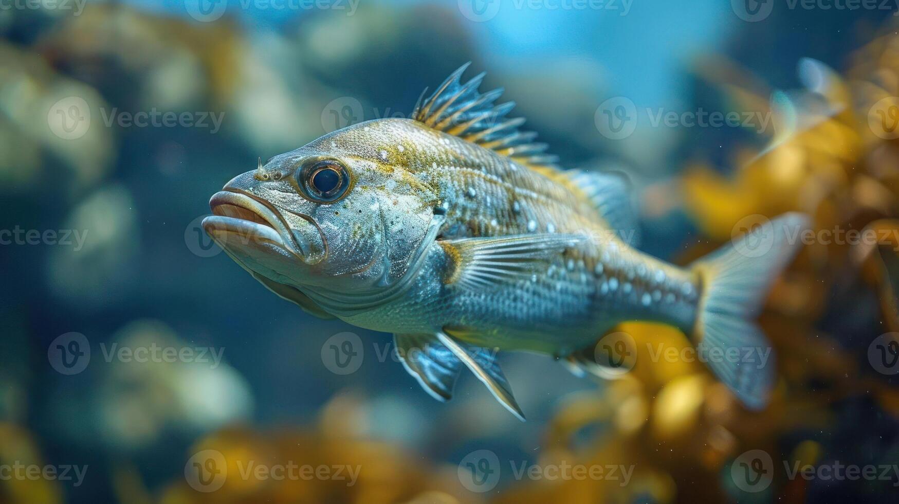 A colorful, close-up photograph of a fish swimming in the ocean near an underwater forest. photo
