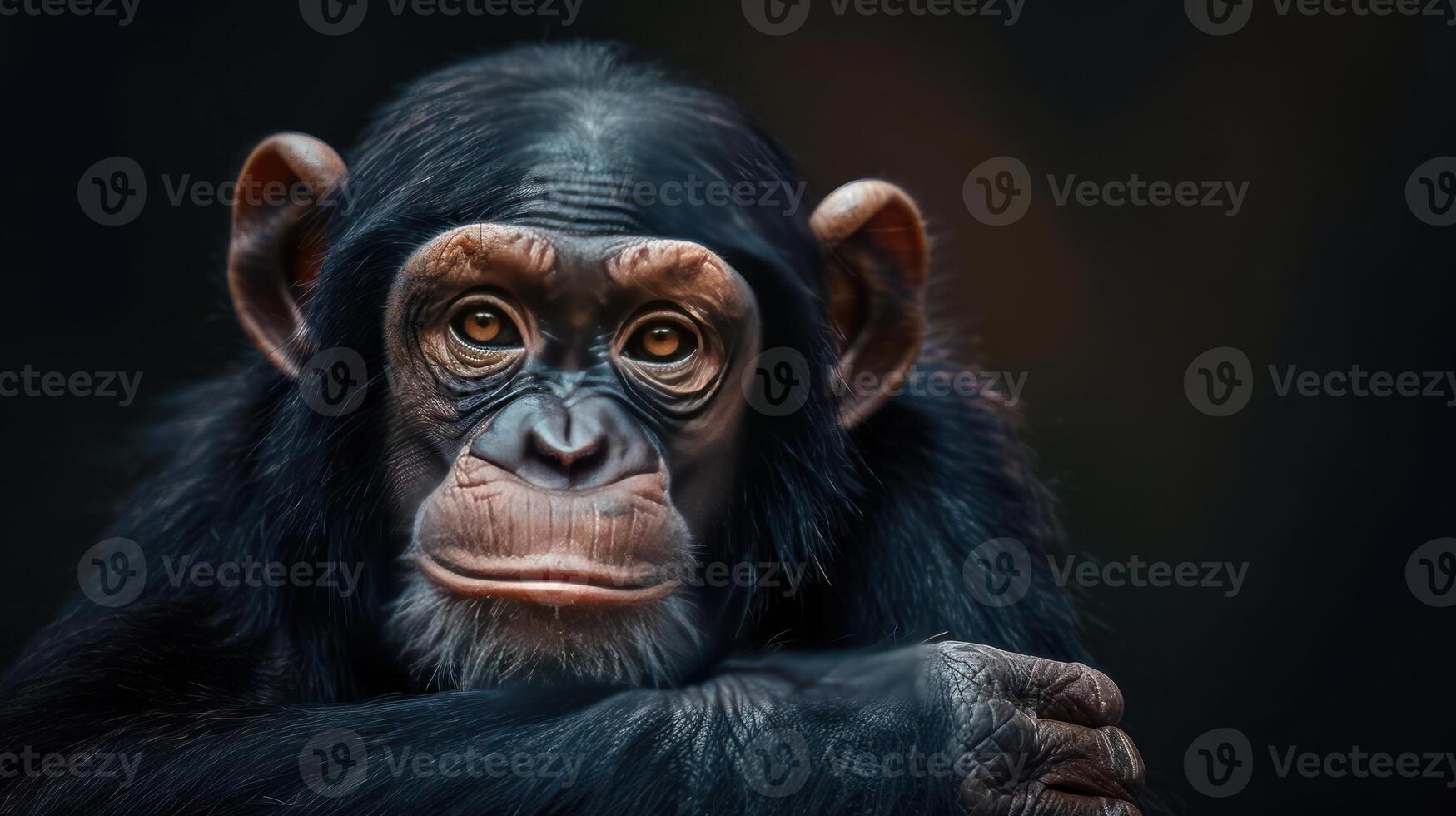 A close-up photo of a chimpanzee's face with a thoughtful expression.