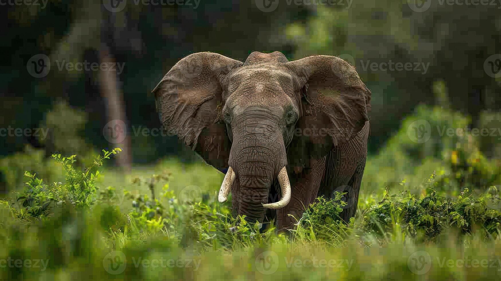 A close-up of a majestic elephant standing amidst tall grass, photo