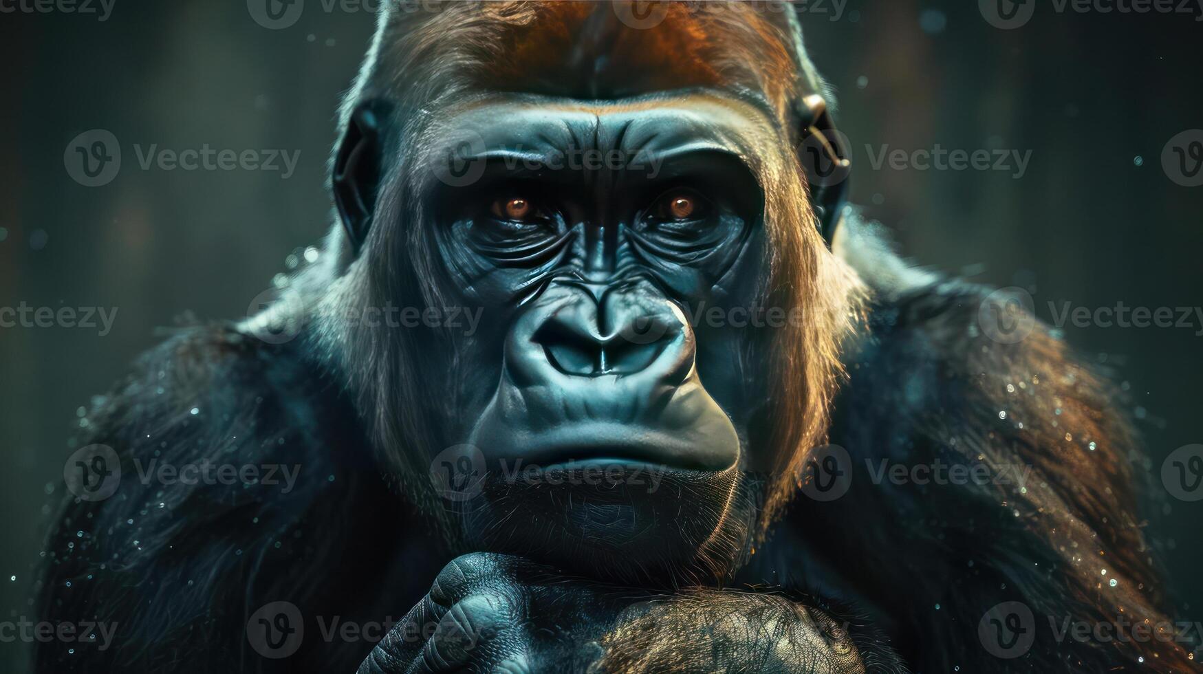 Angry gorilla with red eyes looking towards the left, surrounded by a dark and moody background. photo