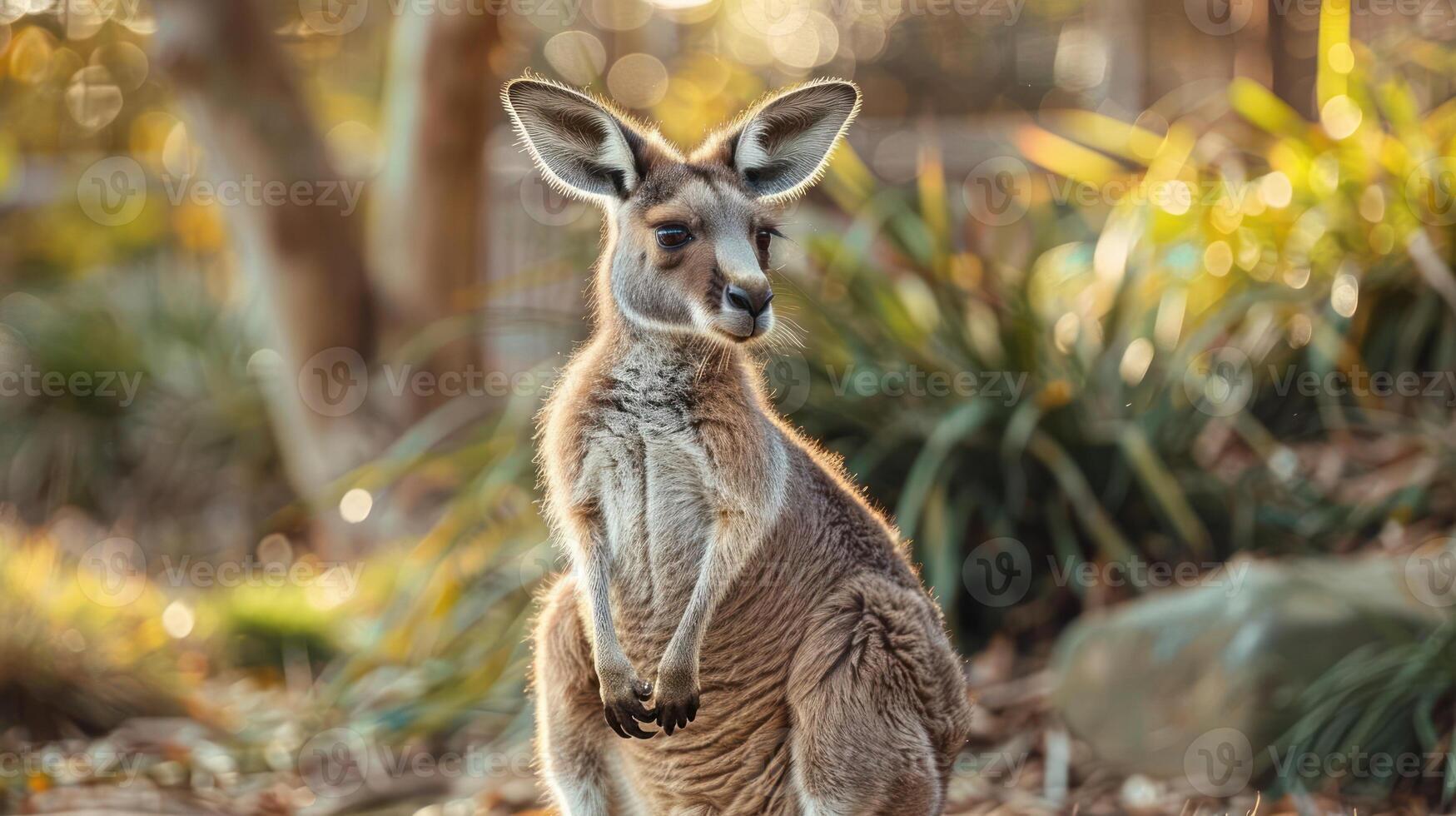 A koala sitting on the ground in a forest, looking up at something. photo