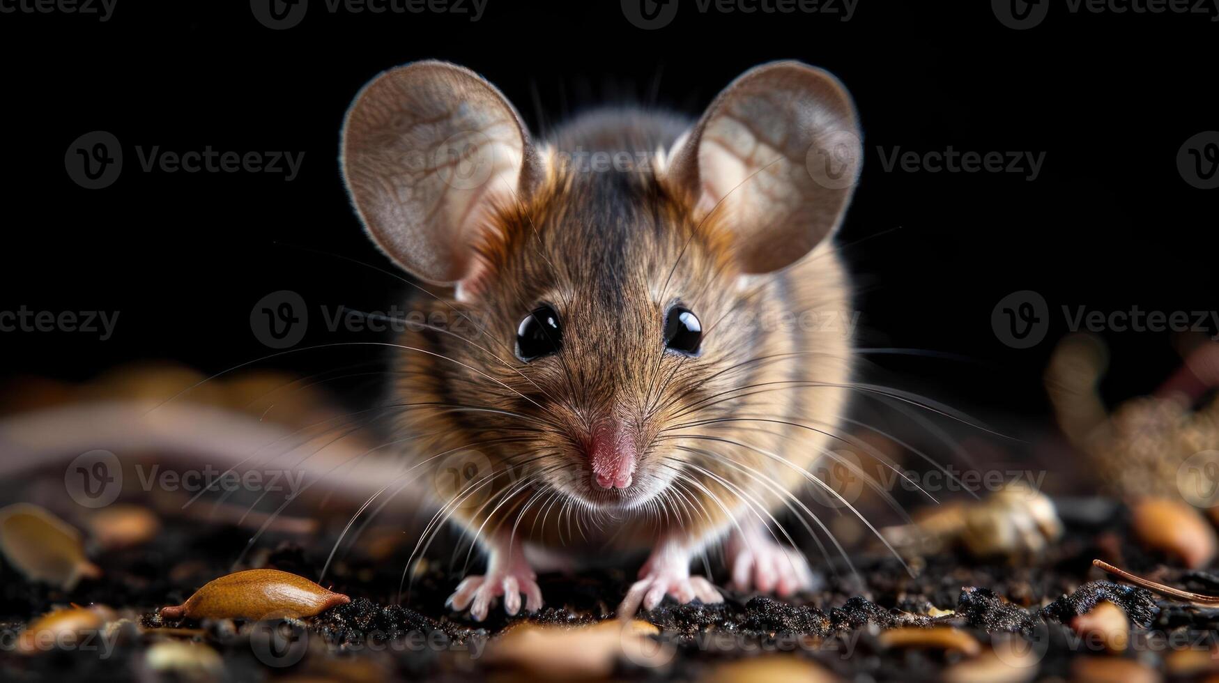 An adorable mouse with large ears standing on a wooden surface. photo