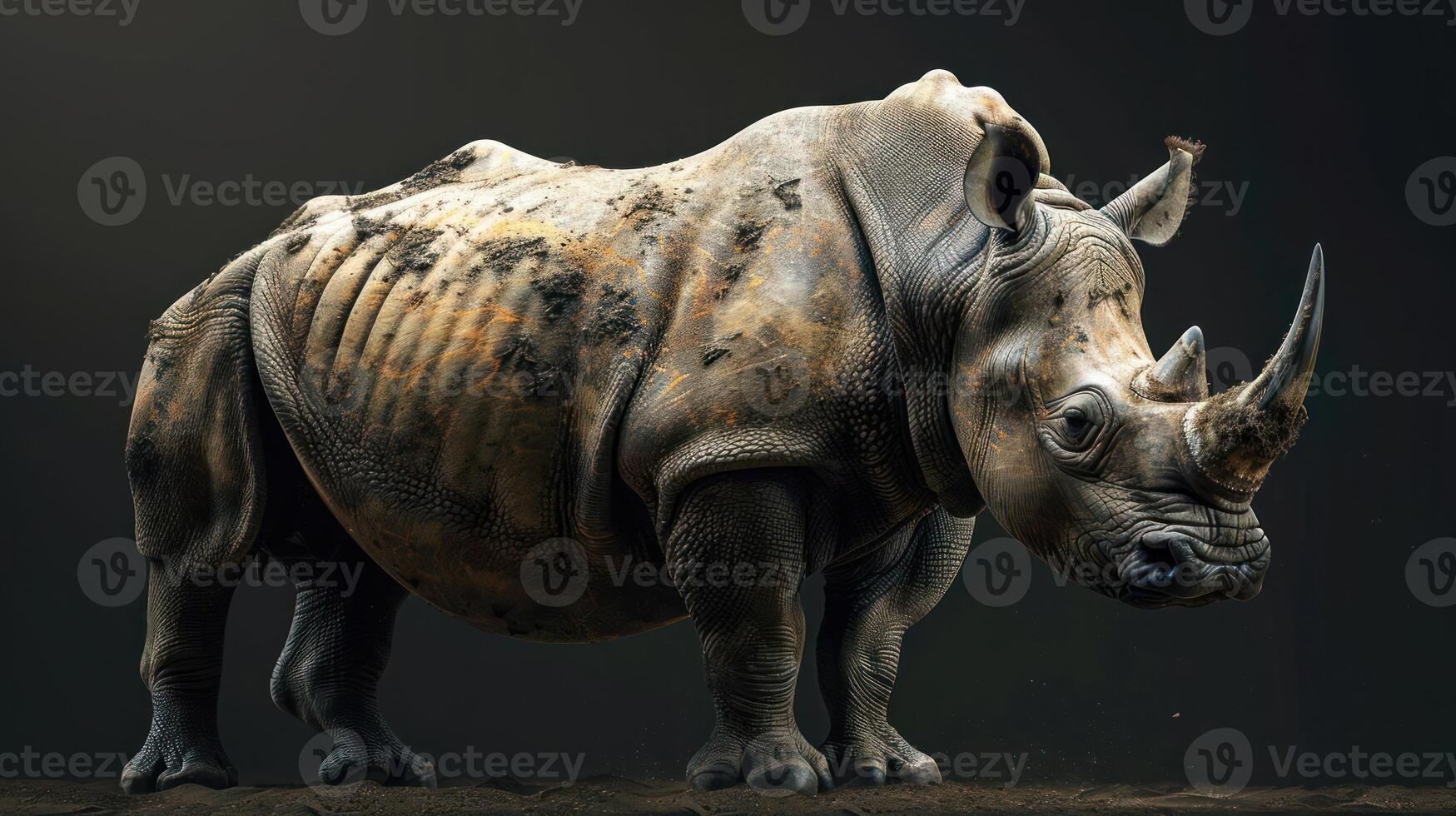 A 3D rendering of a Rhinoceros with a detailed texture, set against a black background. photo