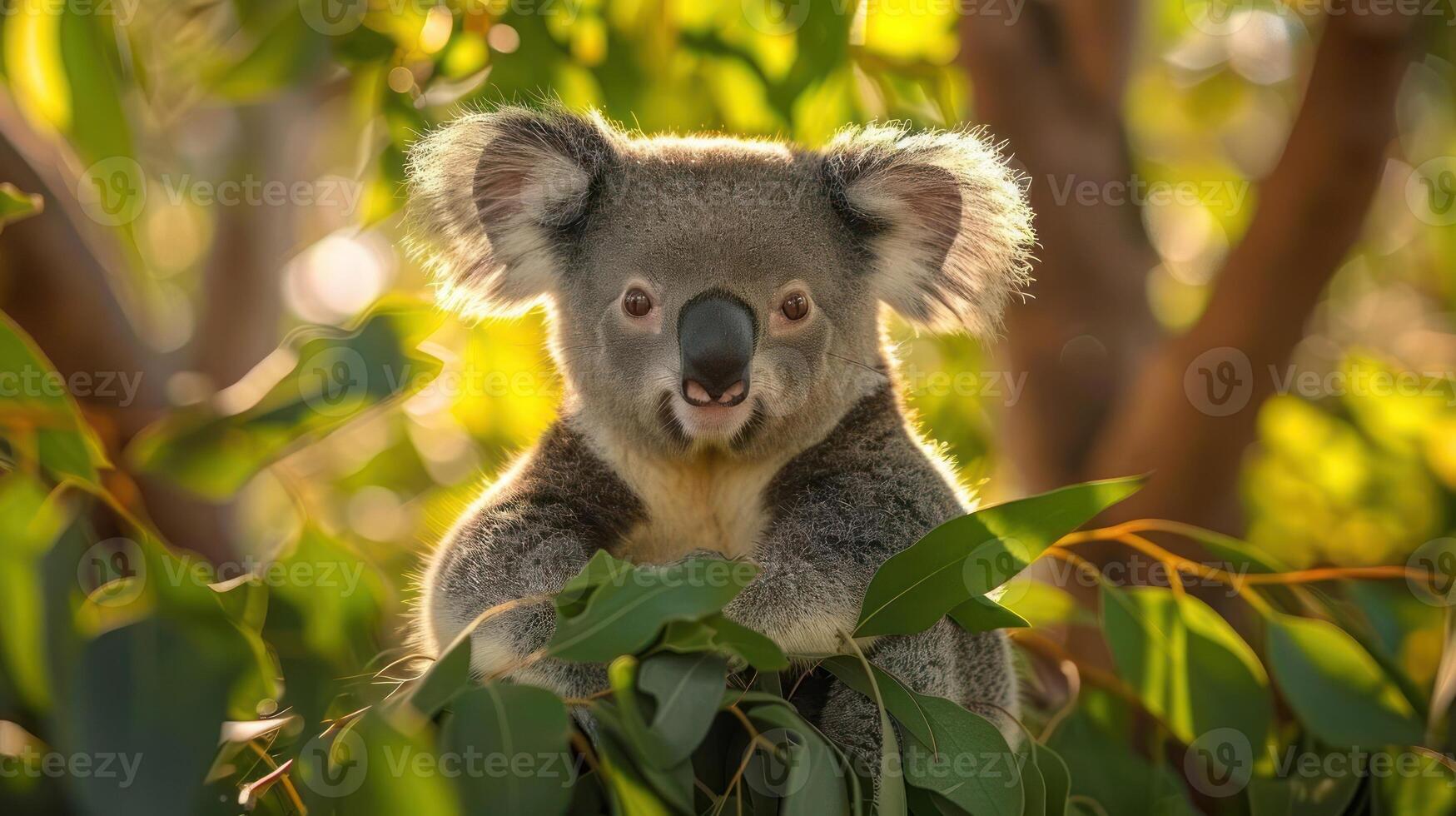 A baby koala sits on a branch, peeking out from the foliage. photo