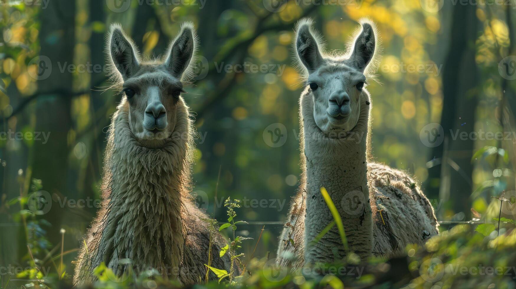 Two alpacas looking at the camera in a forested area during the daytime, photo