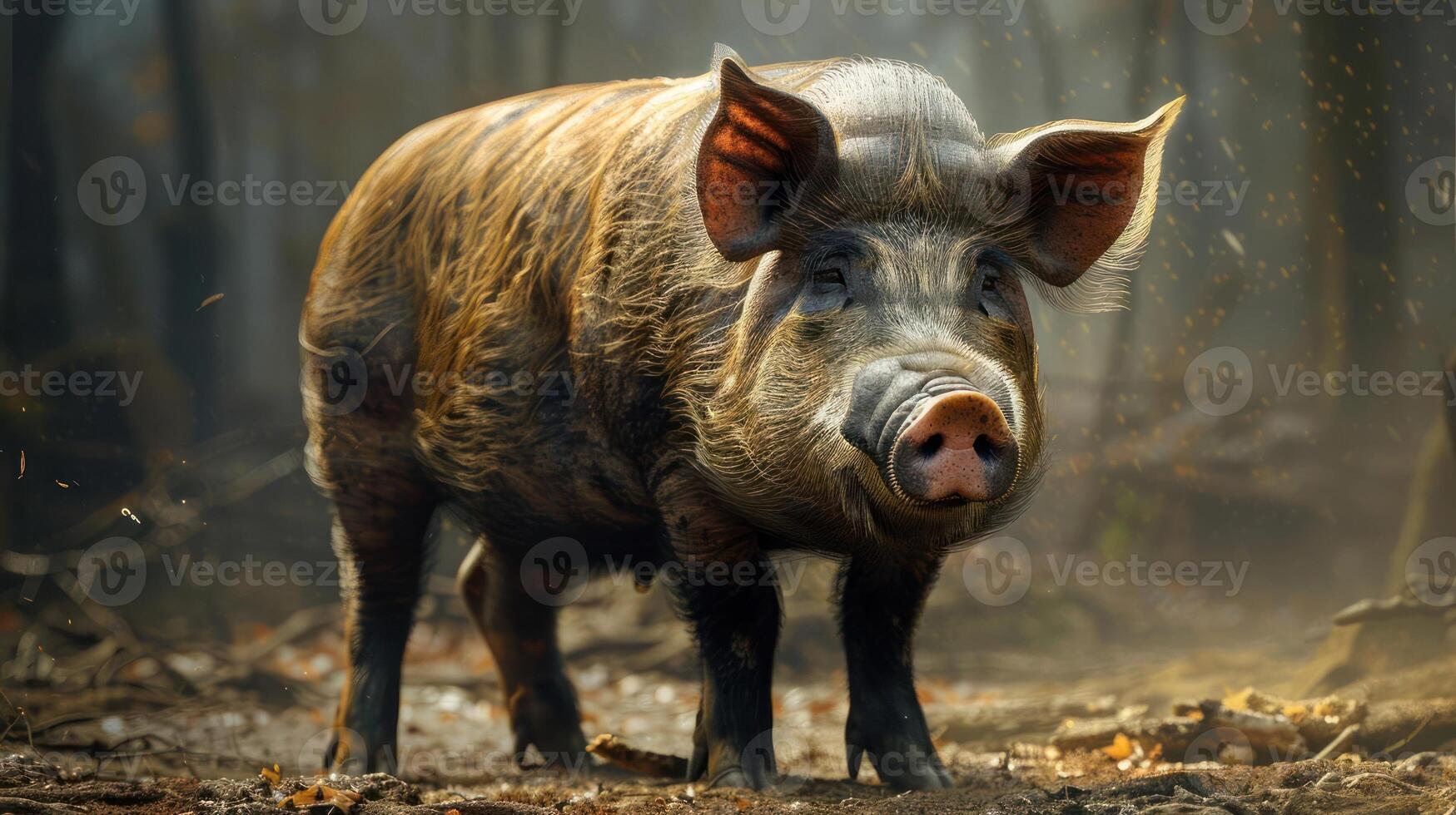 A large, wild boar stands amidst trees and foliage in a dense forest. photo