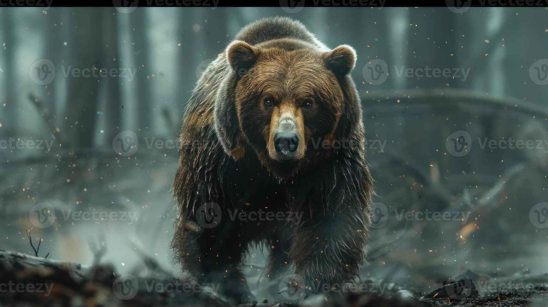 A brown bear with a determined expression, standing in a forest during winter. photo
