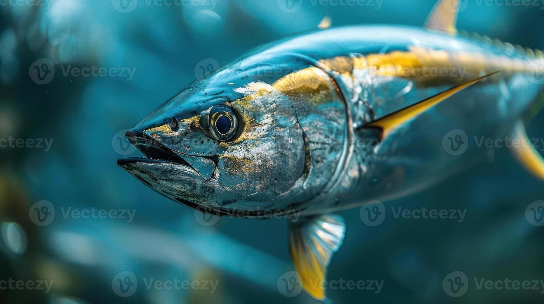 A giant yellow and black fish with a transparent head swimming in the ocean. photo