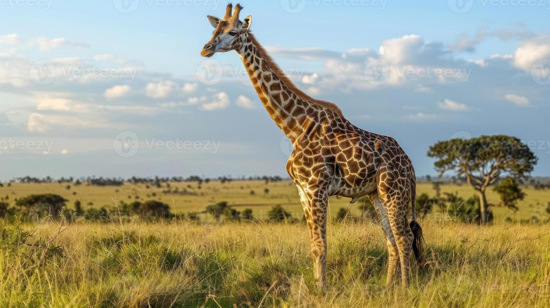 A giraffe standing in a grassy field during the day under clear skies. photo
