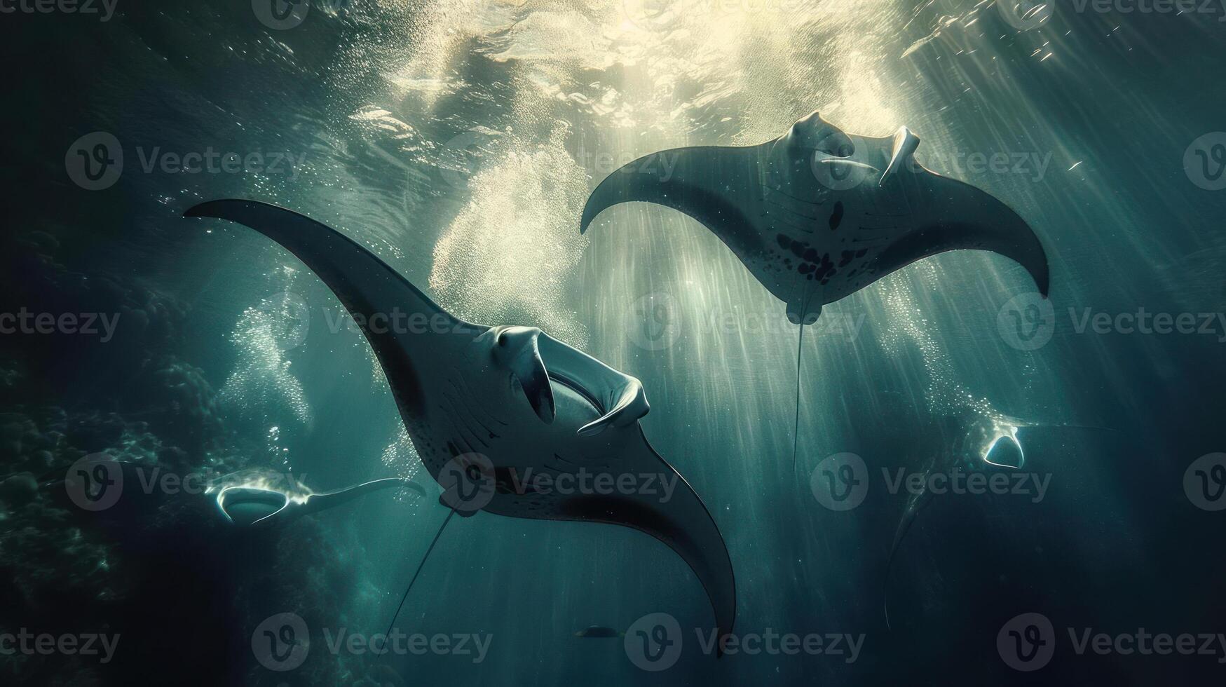 A group of flying squid or stingrays in an underwater habitat, possibly a coral reef. photo