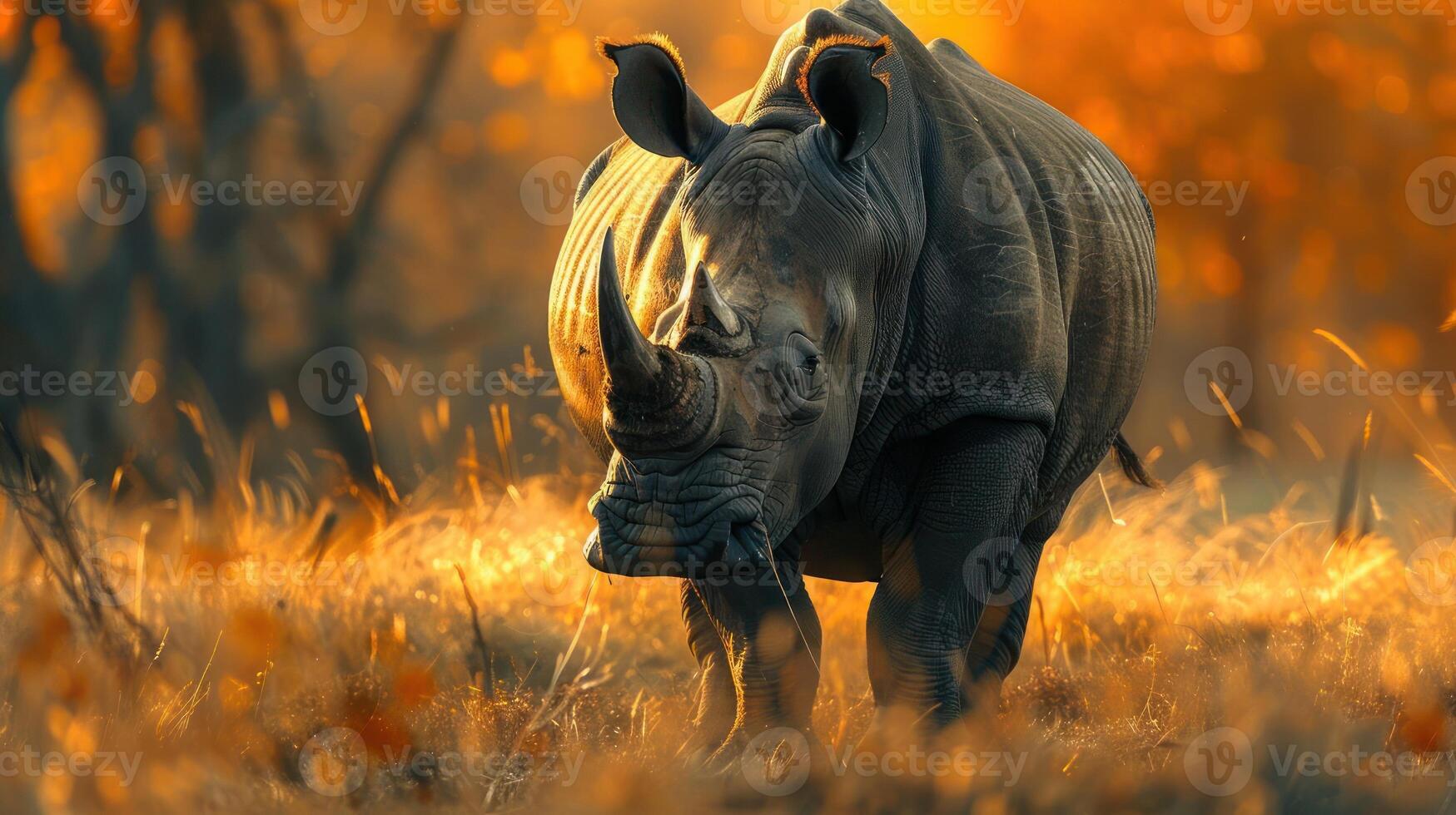 an adult rhino and two baby rhinos walking through tall grass during sunset with warm colors illumin photo