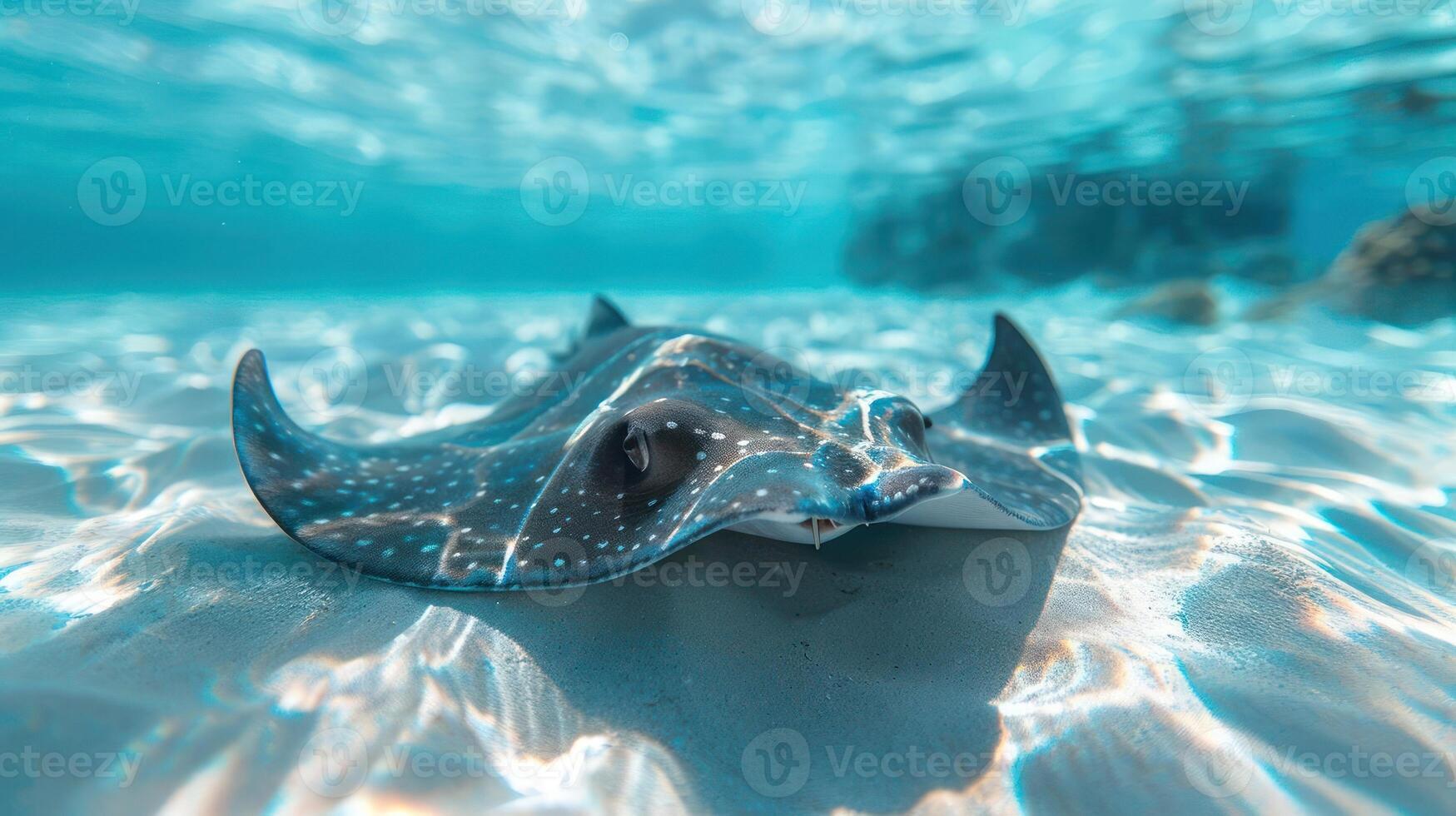 A close-up view of a blue fish in the ocean, looking into its eyes. photo