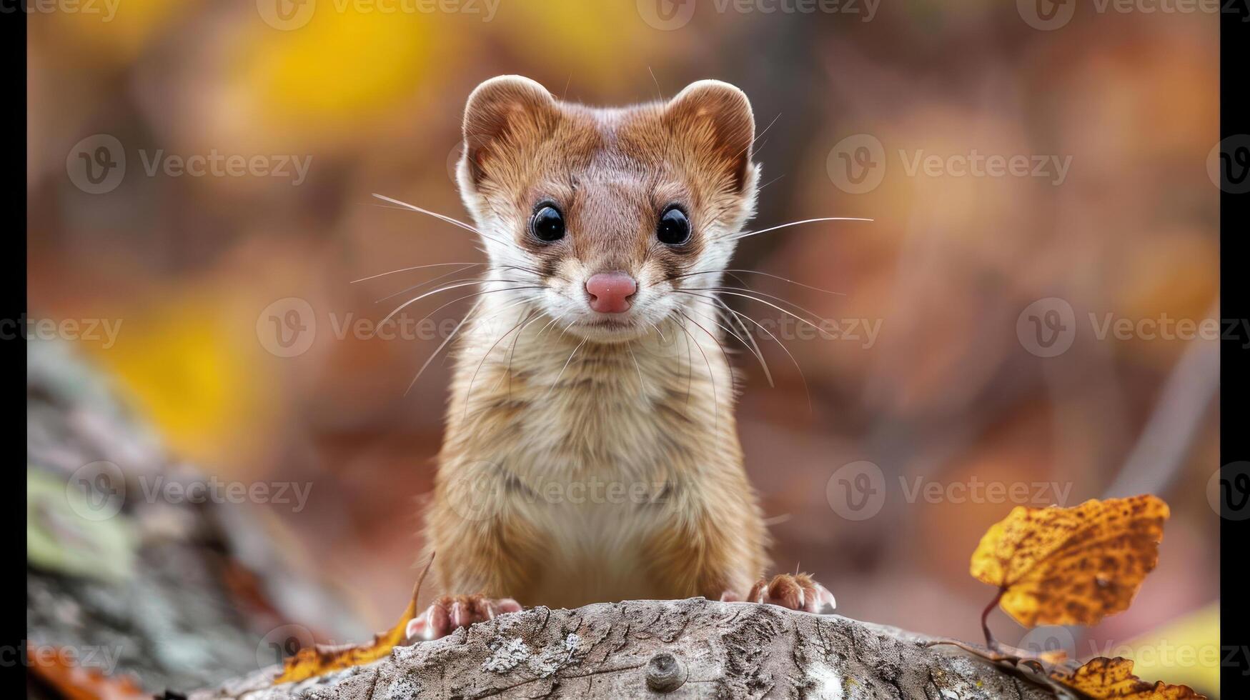 Squirrel perched on a rock in a fall-colored woodland. photo
