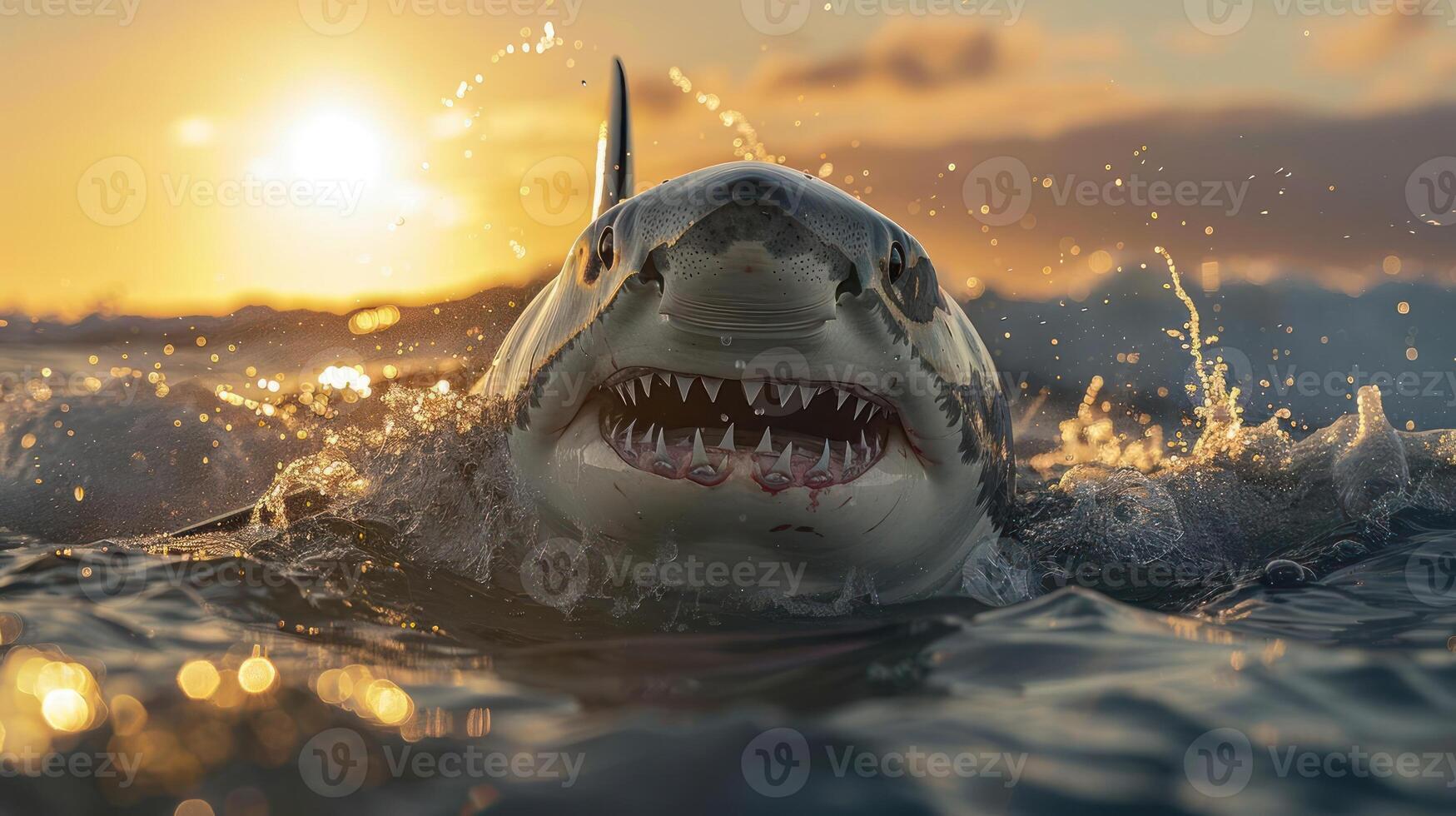 A large great white shark swims on the surface of a sunset with the sun setting behind it, photo
