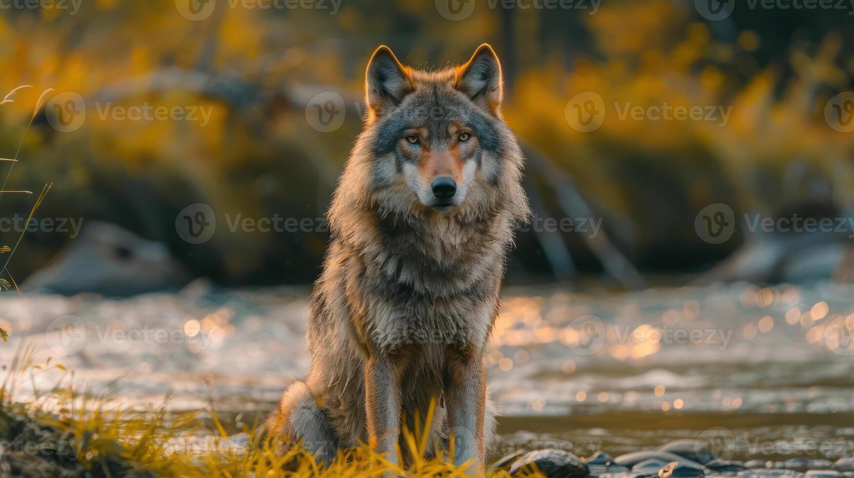 A wolf sits on a river bank during sunset, its gaze meeting the camera. photo