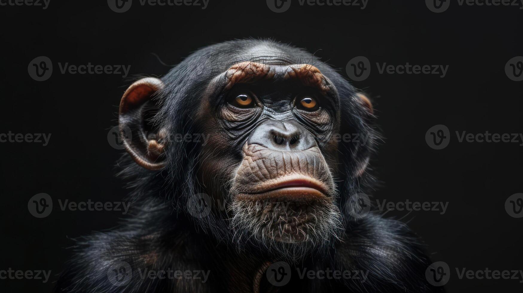 A close-up photograph of a monkey, appearing to be a chimpanzee, photo