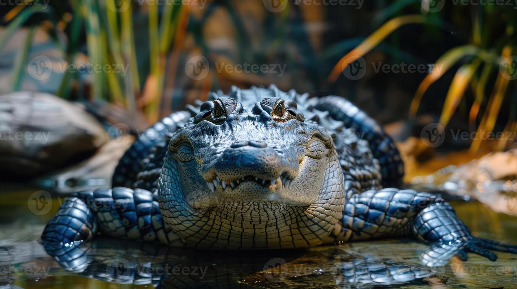 A large alligator swimming in a river, with its mouth open. photo