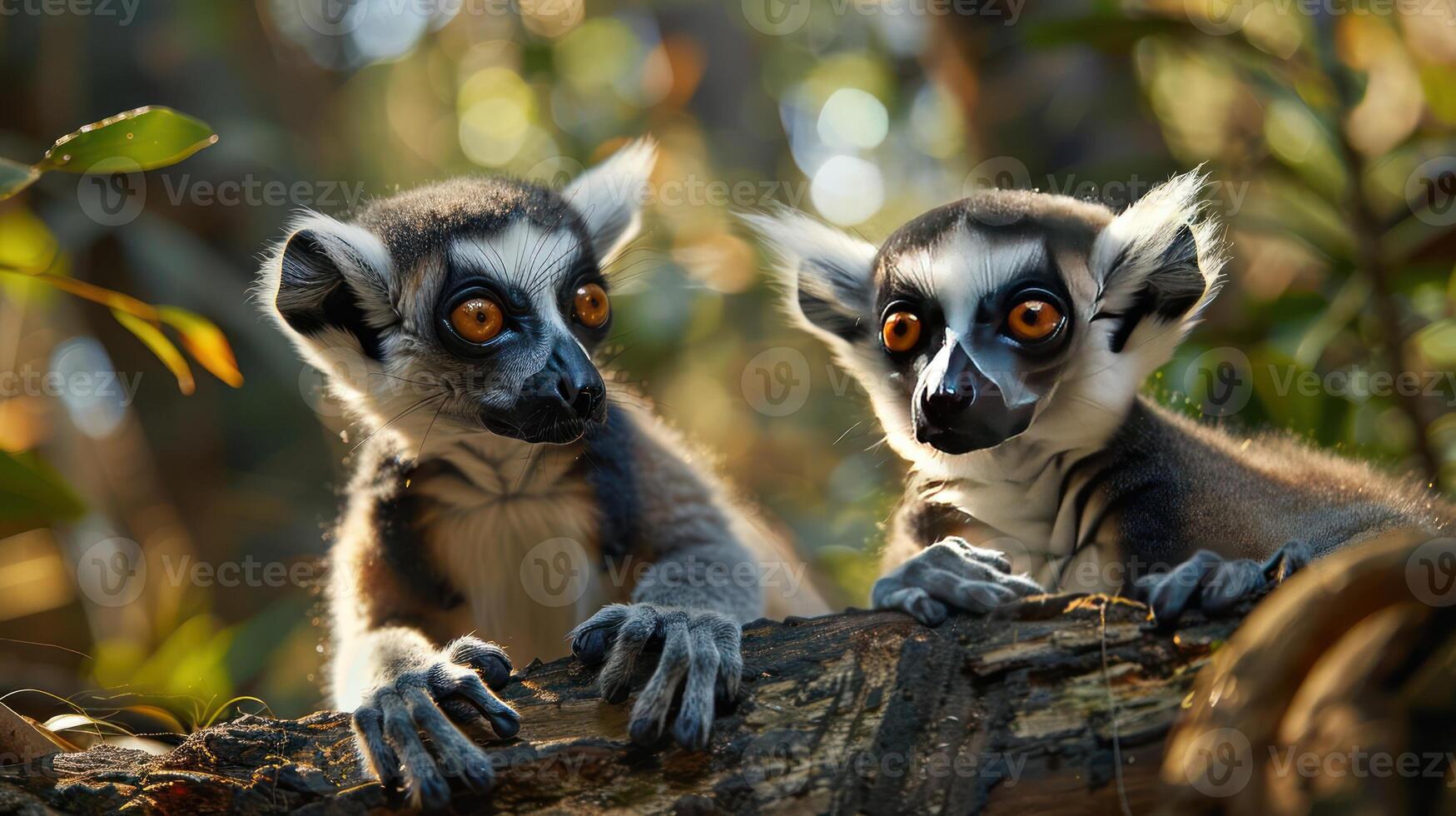 Two lemurs have a conversation while perched on a tree branch. photo