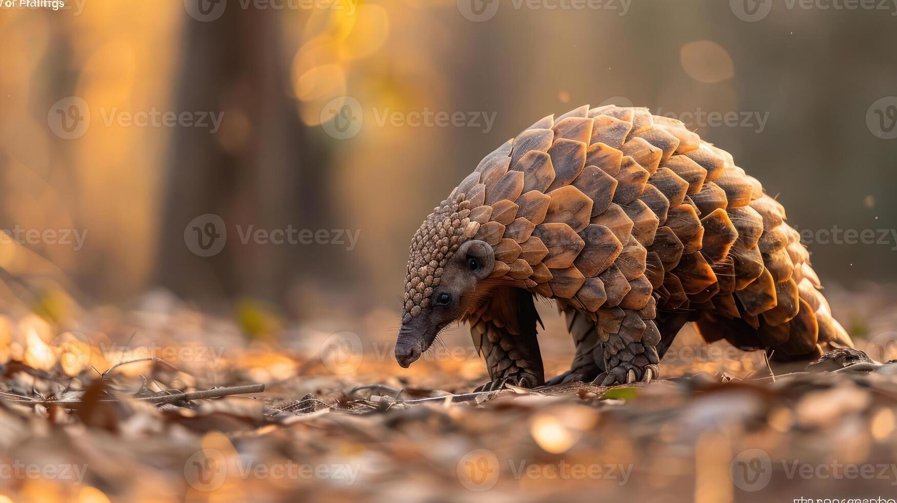 A single pangolin traversing a leaf-covered path in an autumnal forest. photo
