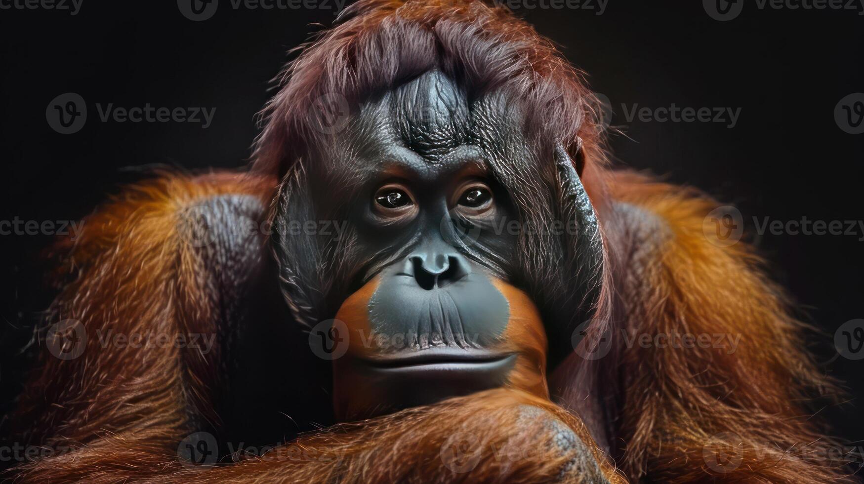 Photo of an orangutan sitting on a black background with a thoughtful look on its face.