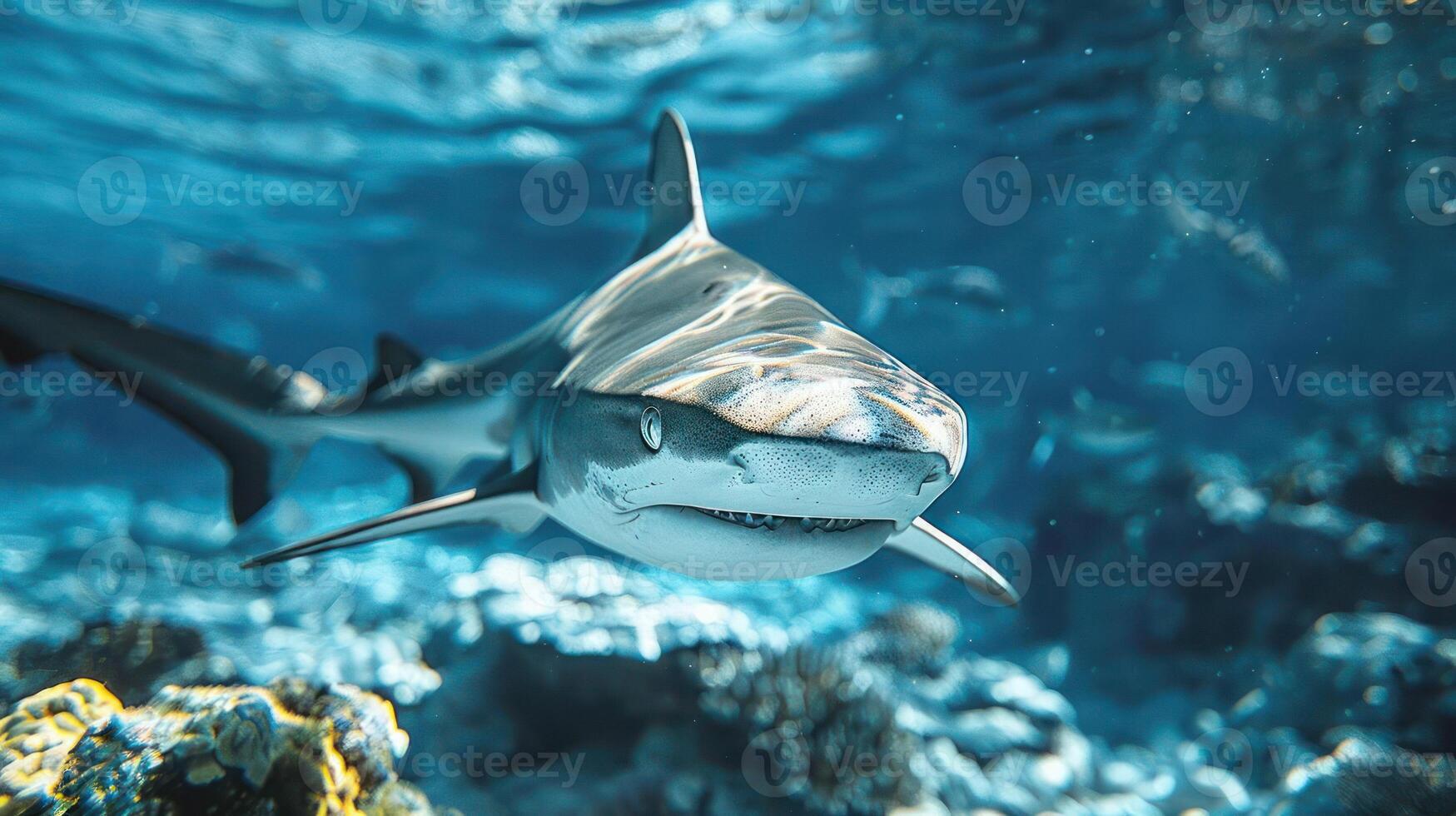 A large great white shark is captured swimming through an underwater environment with coral and othe photo