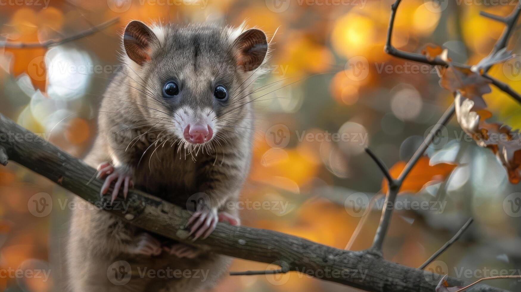 A squirrel perched on a branch during autumn season with leaves around. photo