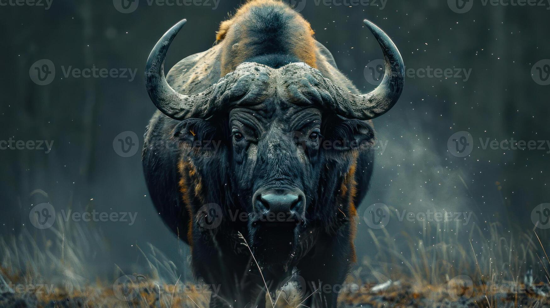 A majestic buffalo, possibly a bull bison or a yak in the snow during winter. photo